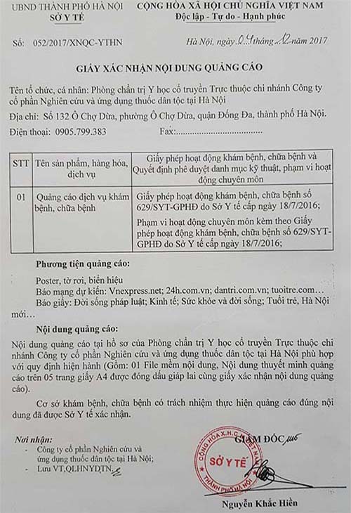 Giấy phép quảng cáo của Trung tâm Thuốc dân tộc Giấy phép quảng cáo của Trung tâm Thuốc dân tộc
