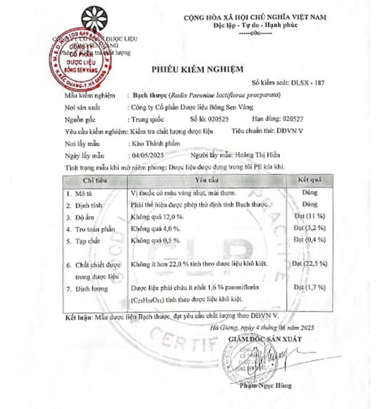Phiếu kiểm nghiệm vị thuốc bạch thược