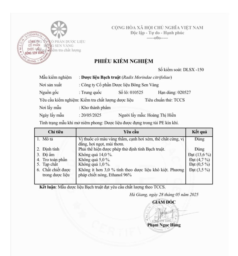 Phiếu kiểm nghiệm vị thuốc dạ dày