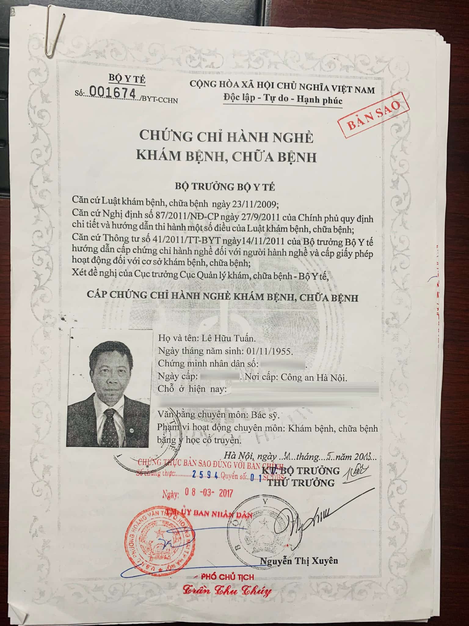 Chứng chỉ hành nghề Bác sĩ CKII Lê Hữu Tuấn (Lão Tuấn TDT)